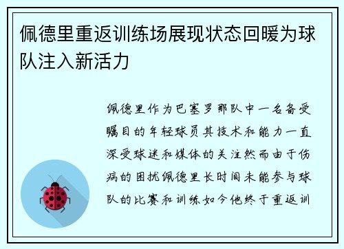 佩德里重返训练场展现状态回暖为球队注入新活力